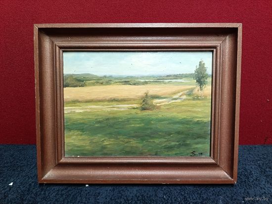 С рубля без мц. картина "Поле". м.ф. 30х24х4.5см. с рамой. подпись не разборчива