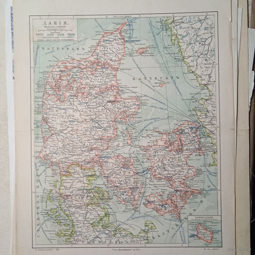 Карта ДАНИЯ.  Литография СПБ. Гравюра конец 19в. 31x24см. РАСПРОДАЖА КОЛЛЕКЦИИ.