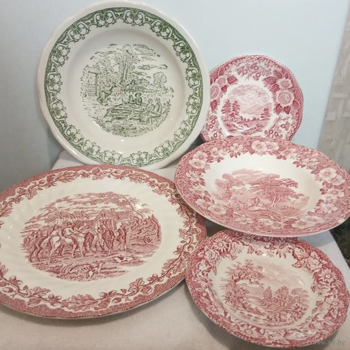 Англия Тарелки Фарфор Made in England Винтаж Раритет Антиквариат Клейма Рисунок Красный Зеленый