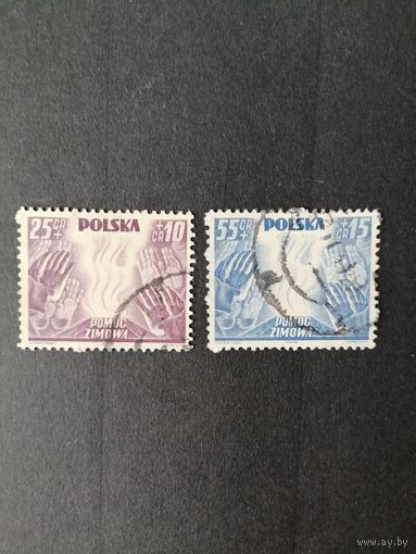 Польша 1938 Неполная серия марок "Зимняя благотворительная акция помощи" (гашение без клея, следы от наклеек) Mi.349-350 каталог 9.60 евро