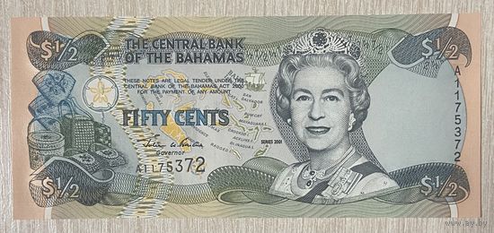 Банкнота Багамские острова 1/2 доллара 2001 год. Елизавета II. НЕ БЫЛА В ОБОРОТЕ.