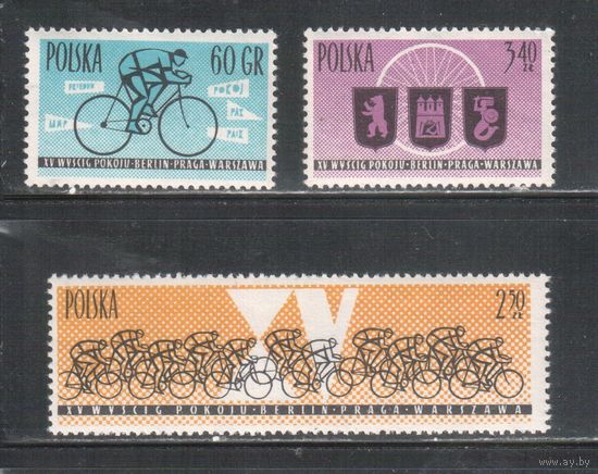 Польша-1962(Мих.1306-1308)  **  ,  Спорт, Велосипед, Велоспорт (полная серия)