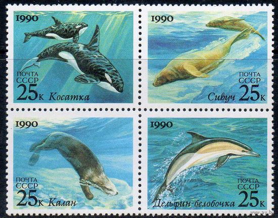 Морские животные (СССР-США) СССР 1990 год (6251-6254) серия из 4-х марок в квартблоке