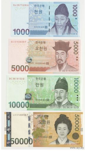 Южная Корея набор от 1000 до 50000 вон 2005-2009 гг. Типы P-54а,55а,56а,57а. Состояние UNC