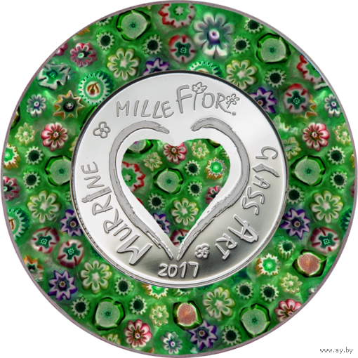 RARE Острова Кука 5 долларов 2017г. "Murrine Millefiori". Муранское стекло. Монета в капсуле, подарочном футляре; сертификат; коробка. СЕРЕБРО 20гр.