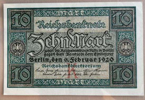 Германия, 10 марок 1920 год, Ro.63a, DEU-72a, Х Х.#7 (# черный), не частая серия "Y"