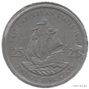 Восточно - Карибские Государства (Восточные Карибы). 25 центов 1986. Холдер. Корабль (галеон Ф. Дрейка "Golden Hind"). Парусник.