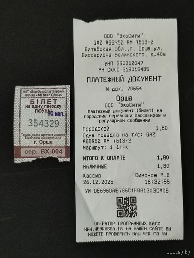 2 билета на проезд г. Орша (автобус и маршрутка) 2025г.