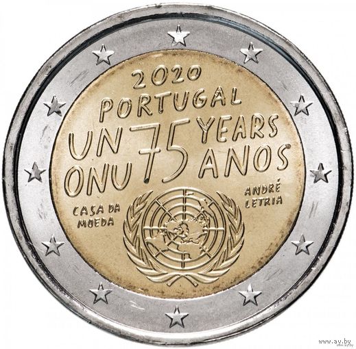 2 евро 2020 Португалия 75 лет ООН UNC из ролла