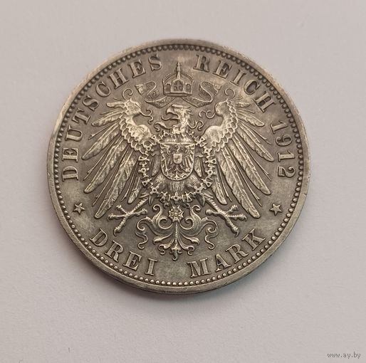 3 марки 1912 г. 900пр., Вильгельм II.Пруссия.Германия. Патина.Торг уместен.