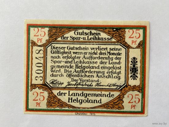 Нотгельд 25 пфеннигов Хельголанд. Веймарская республика - 1602