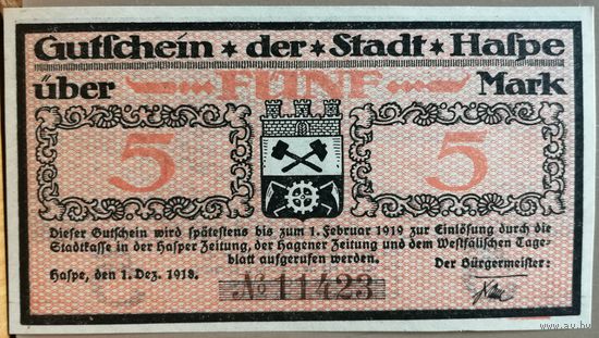 Германия 5 марок 1918 г Хаспе (Haspe) 224.01, aUNC, не частая