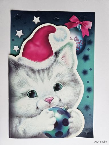 Чукавина Новый год кот котенок двойная чистая вырубка 16,5х24,7 см