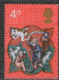 Марка из серии 1970г. Великобритания "Рождество. Псалтырь Роберта Де Лиля. Пастухи и явление Ангела"
