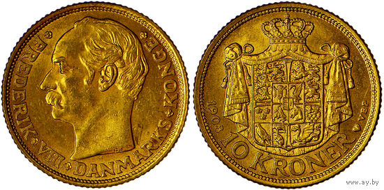 10 крон 1908 г. Король Фредерик VIII (1906 - 1912). Дания. Золото. Редкие. KM# 809.