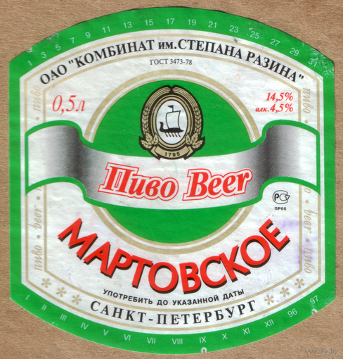 Этикетка пива Мартовское ПЗ Степана Разина б/у Ф790