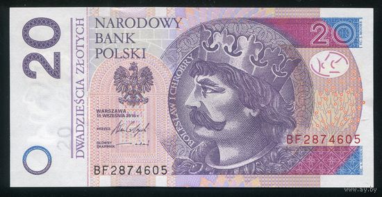 Польша 20 злотых 2016 г. P184b. Серия BF. UNC