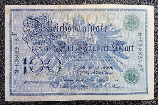 100 марок Германия 1908 г. (зелёная печать)