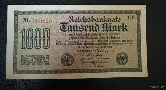 1000 марок 1922 год. Веймарская республика