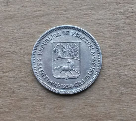 Венесуэла, 25 сентимо 1954 г., серебро 0.835