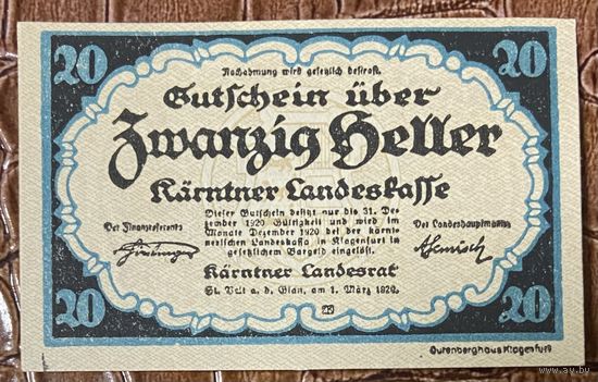 Нотгельд Австрия Каринтия 20 геллеров 1920 год