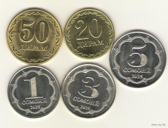 Таджикистан: 20 и 50 дирам, 1, 3, 5 самони 2025 г. Мешковые.