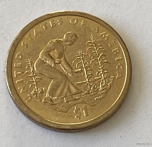 1 доллар США 2009 г., Сакагавея. Индианка, выращивающая "трех сестер"