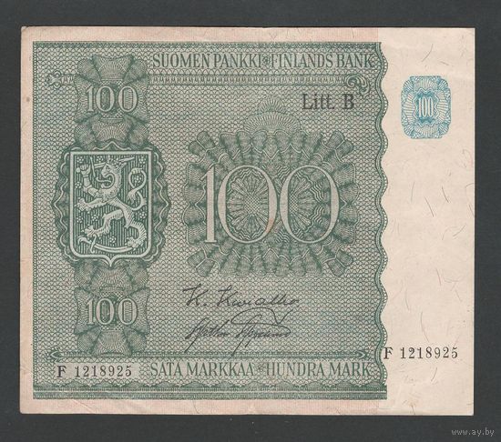 Финляндия 100 марок 1945 года. Litt. B. Тип Р-88. Состояние XF+