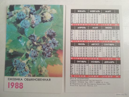 Карманный календарик. Цветы . 1988 год