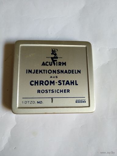 WW II. Металлическая упаковка игл.12шт.ACUFIRM INJEKTIONSNADELN aus CHROM-STAHL ROSTSICHER.1DTZD.No.1 ANSATZ RECORD.