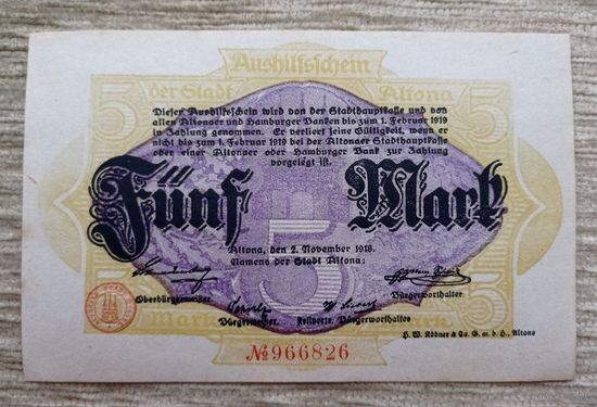 Werty71 Германия 5 марок 1918 аUNC банкнота Альтона