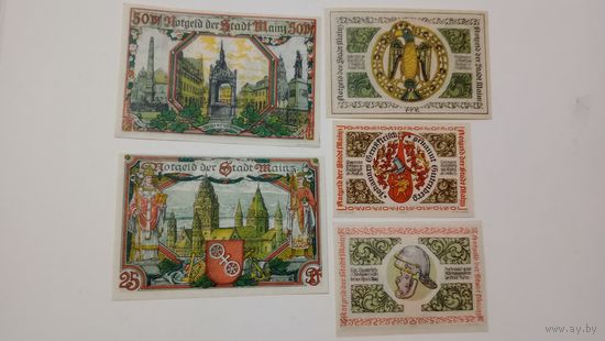 Германия лот 5 штук 1921г. Город Майнц  10 ,25 ,50 пфеннигов unc,с водяными знаками