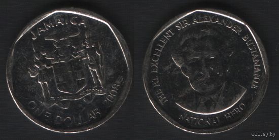 Ямайка km189 1 доллар 2008 год (нов.тип) (круг) (5 ТОРГ ЛЮБОЙ