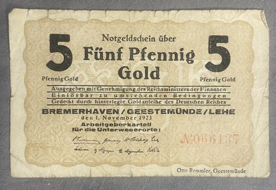 Банкнота 5 золотых пфеннигов 1923 год. Бремерхафен. Веймарская республика.