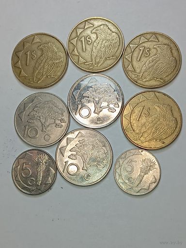 Намибия 1 доллар 1998 , 2002 , 2006 , 2008 года , 10 центов 1998 , 2009 , 2012 года и 5 центов 1093 , 2015 года .