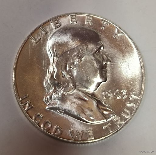 С рубля без мц! 50 центов 1963 Франклин серебро США. Сахарная! Чистое поле!