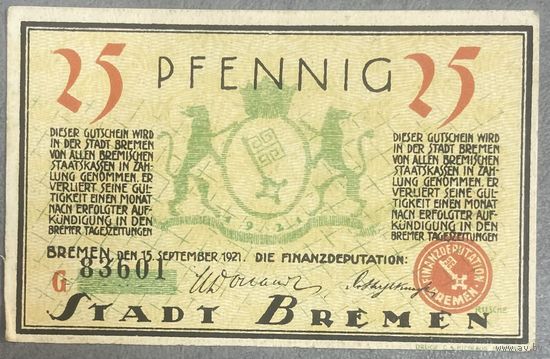 Нотгельд 25 пфеннигов 1921 год. Бремен. Веймарская республика