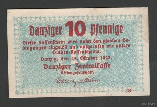 Данциг 10 пфеннигов 1923 года. Тип Р-35a. Состояние aUNC