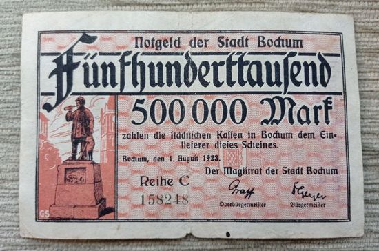 Werty71 Германия 500000 марок 1923 банкнота Гроссгельд Бохум Надпечатка Пастух