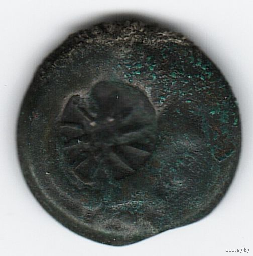 Пантикапей Тетрахалк ЛС - Голова безбородого Сатира влево. Надчекан в виде звезды III век до Н.Э.