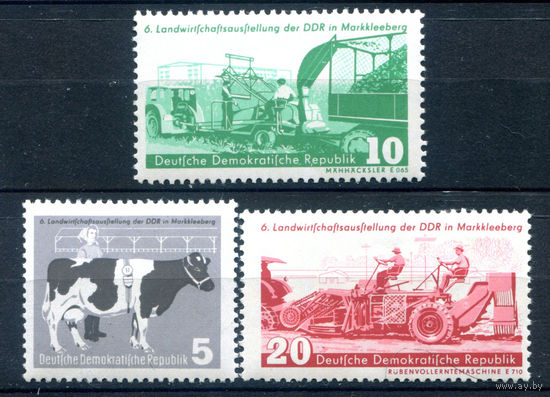 ГДР - 1958г. - Сельскохозяйственная выставка - 3 марки - полная серия, MNH, 1 марка с отпечатком на клее [Mi 628-630]. #1-GG-22-A-1