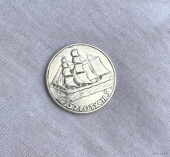 5 злотых 1936 Кораблик! Красивый в блеске! С рубля!