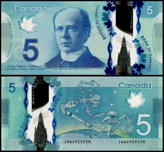 Канада 5 долларов образца 2013 года UNC p106f серия INW