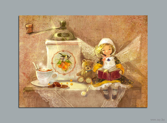 Открытка. Дети. Девочка. Фея. Кофе. Кофейная фея. Художник Ек. Бабок (чистая)