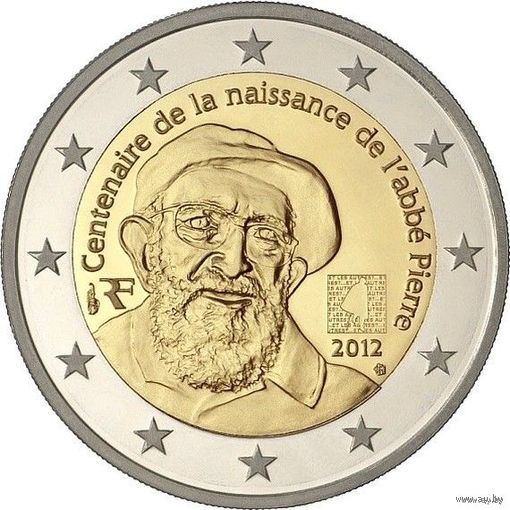 2 евро 2012 Франция 100 лет со дня рождения аббата Пьера UNC из ролла