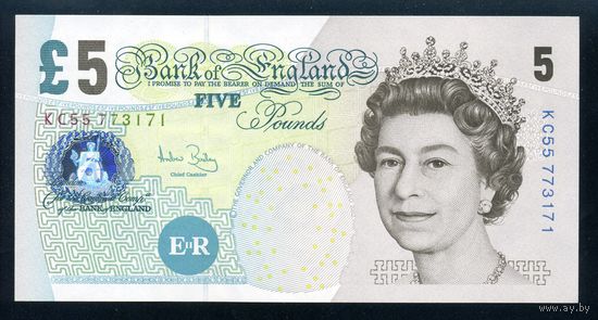 Великобритания 5 фунтов 2002 (2004) г. P391c. UNC