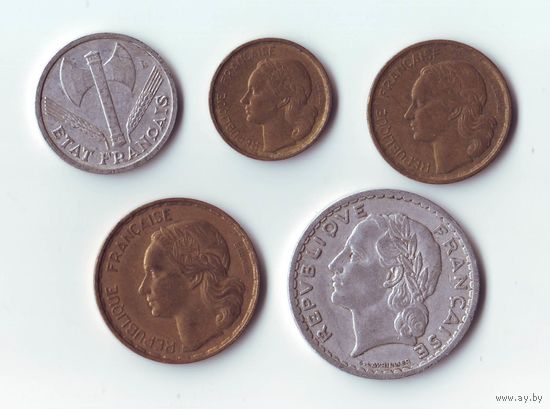 50 франков 1951, 20 франков 1950, 10 франков 1951, 5 франков 1949 + 1 франк 1943. Франция.