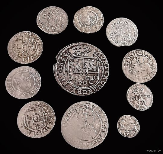 11 МОНЕТ ВКЛ И РЕЧИ ПОСПОЛИТОЙ (СЕРЕБРО:ТЫМФ 1664 г., 6 ГРОШЕЙ 1661 ЯН II КАЗИМИР; ПОЛУГРОШ БЕЗ ДАТЫ ЯН I ОЛЬБРАХТ; ПОЛУГРОШ 1559 СИГИЗМУНД II АВГУСТ;ПОЛУГРОШ 1511 г. ЖИГИМОНТ СТАРЫЙ и др.)