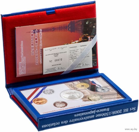 Япония 2008. Набор Proof  "150 лет дружбы с Францией". Монеты в "книге - футляре"; номерной сертификат; коробка. СЕРЕБРО 22,20 гр.
