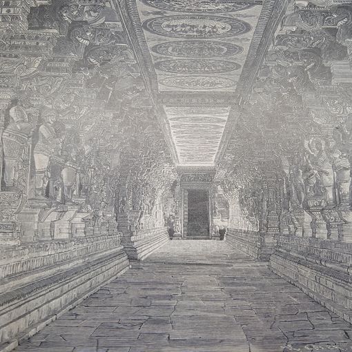 Гравюра энциклопедическая. Колоннады во внутренности индийского храма... Спб. 19-20век. 25х16см.